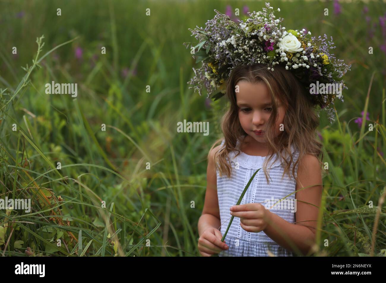 Cute little girl wearing wreath made of beautiful flowers in field ...