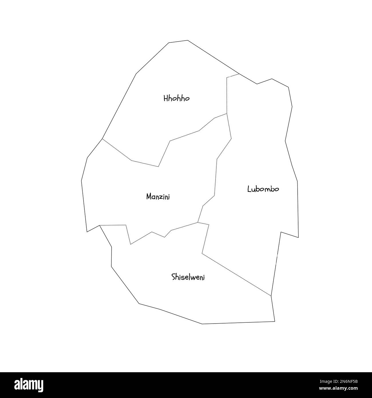 Eswatini political map of administrative divisions - regions. Handdrawn doodle style map with black outline borders and name labels. Stock Vector