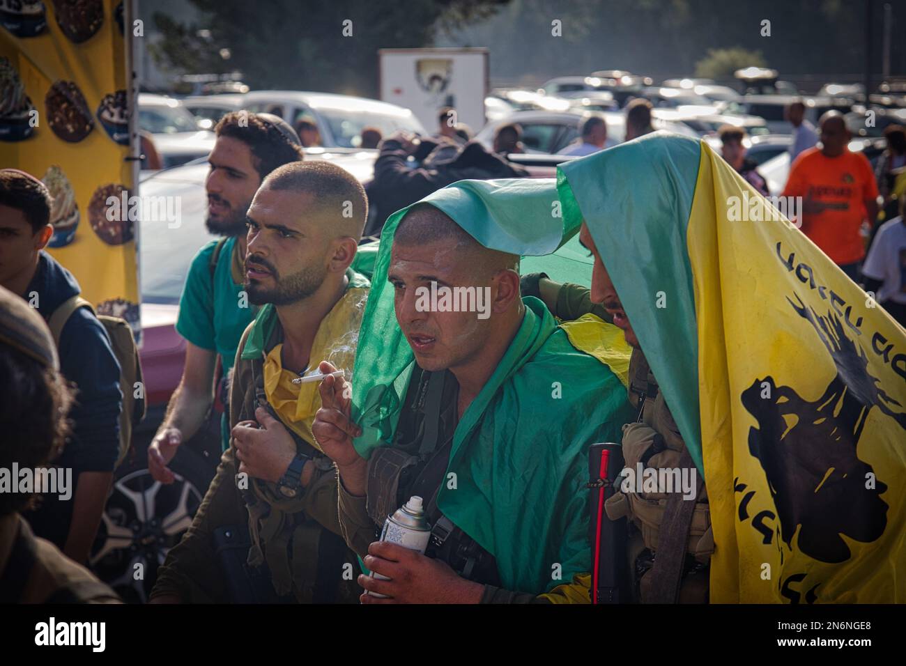 The Golani soldiers in uniform having a rest during a demonstration in Israel Stock Photo