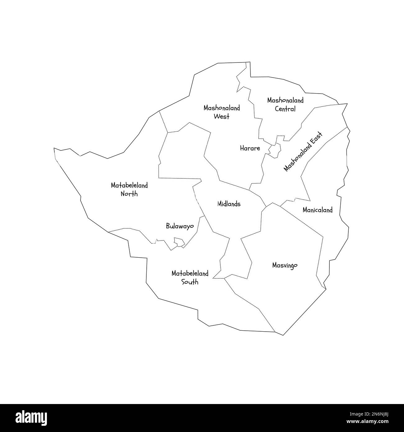 Zimbabwe political map of administrative divisions - provinces. Handdrawn doodle style map with black outline borders and name labels. Stock Vector