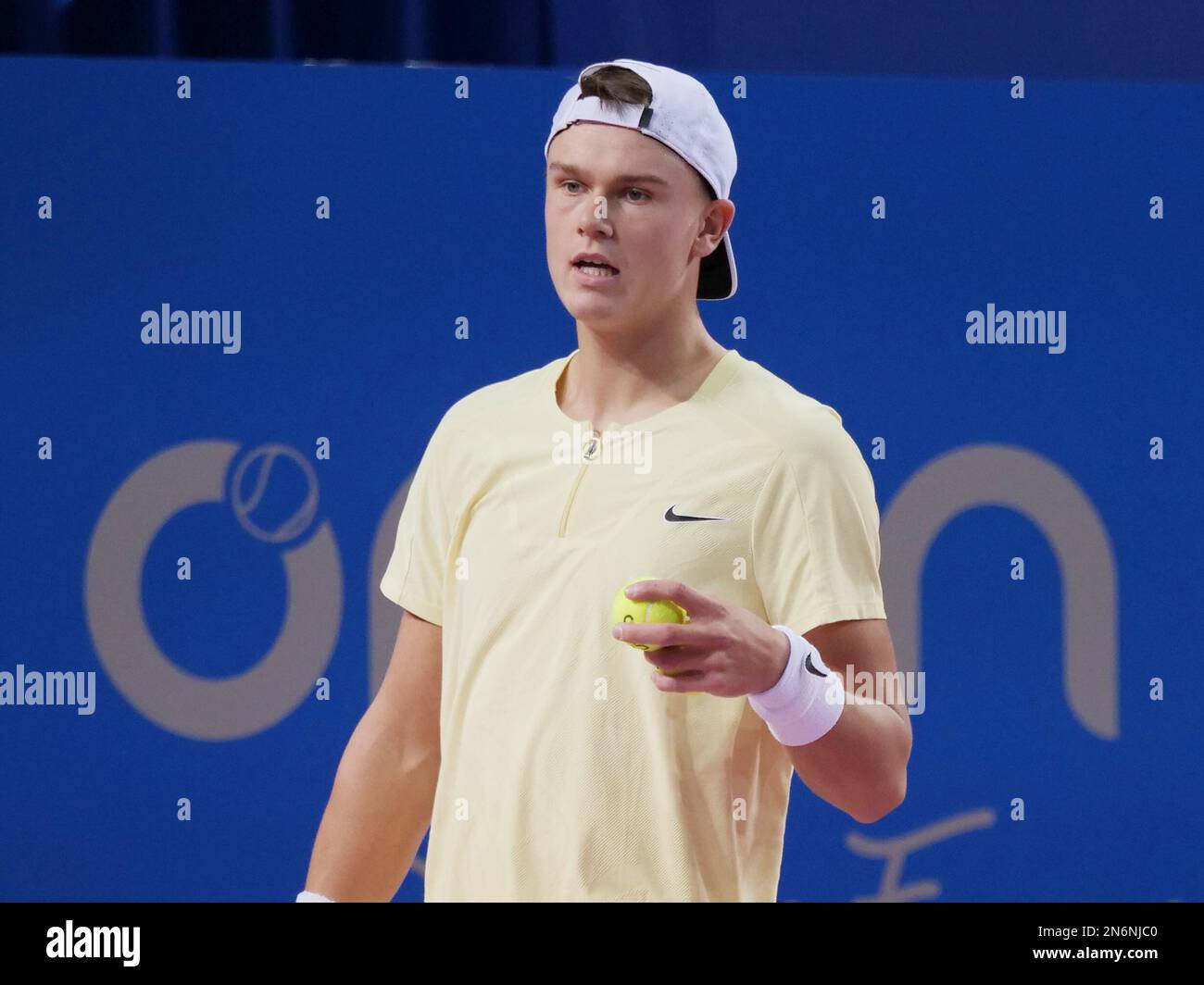 Montpellier, France - 09/02/2023, Holger Rune (DEN) in action against Marc-Andrea Huesler (SUI) during the Open Sud de France 2023, ATP 250 tennis tournament on February 9, 2023 at Sud de France Arena in Perols near Montpellier, France - Photo: Patrick Cannaux/DPPI/LiveMedia Stock Photo