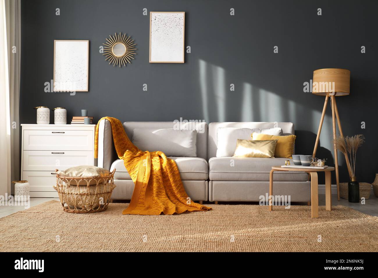 Stylish sofa with soft plaid in room. Idea for interior design Stock ...