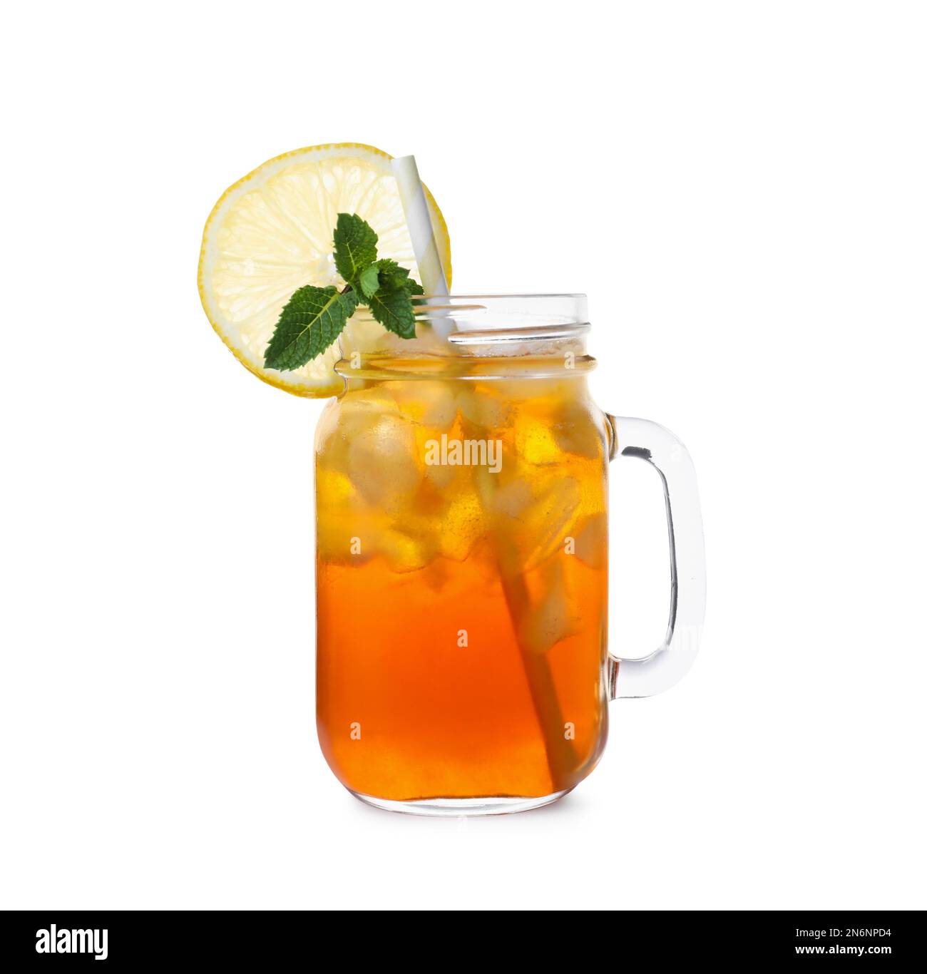 Delicious iced tea in mason jar on white background Stock Photo Alamy