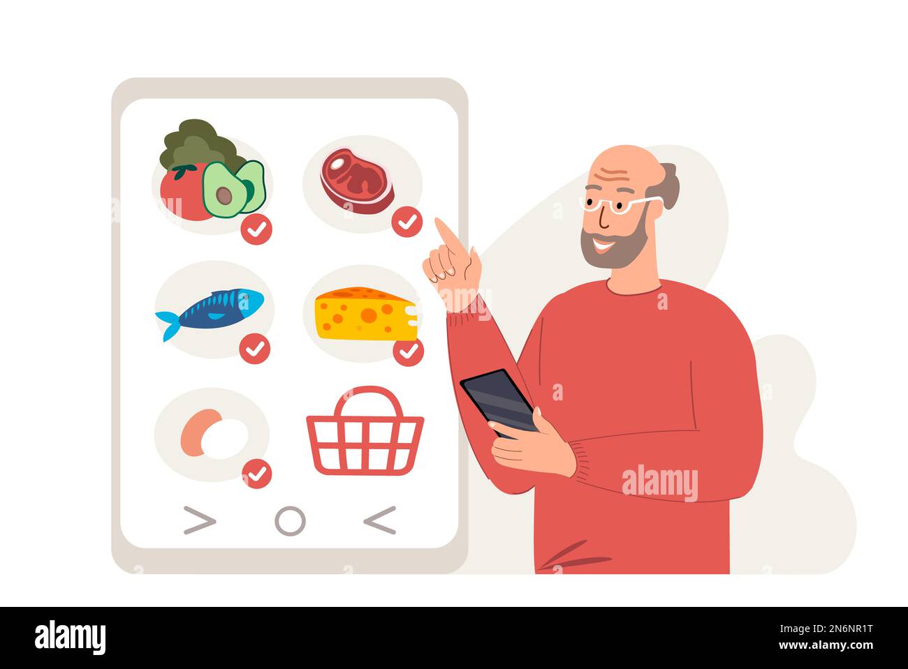 Old Aged Pensioner,Grandparent Man Shopping Online.Consumer Retired man buy Food,Meal products, choosing on the smartphone screen. Internet Market.Buy Stock Photo