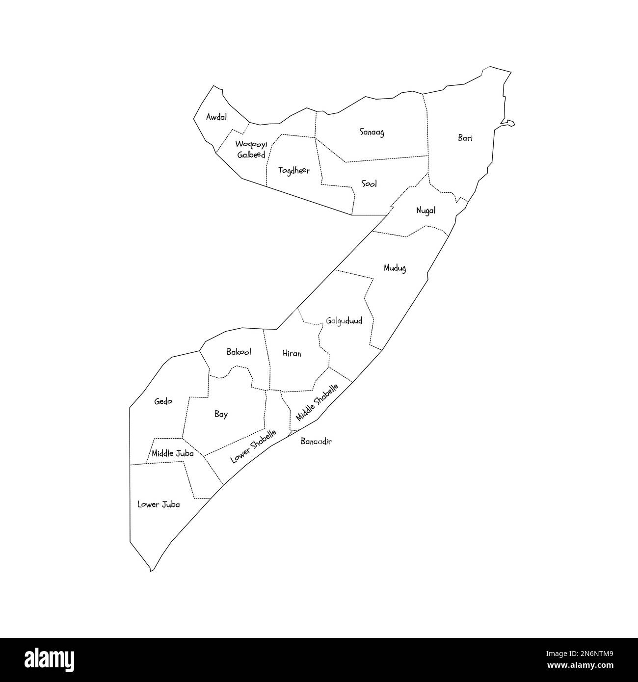 Somalia political map of administrative divisions - federal states. Handdrawn doodle style map with black outline borders and name labels. Stock Vector