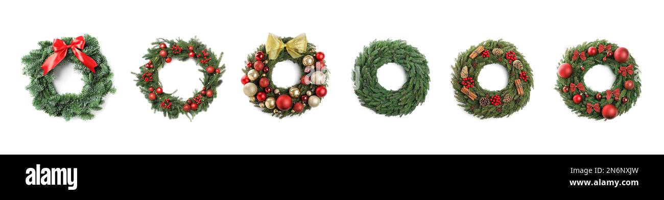 Set with beautiful Christmas wreaths on white background, banner design ...