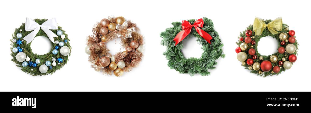 Set with beautiful Christmas wreaths on white background, banner design ...