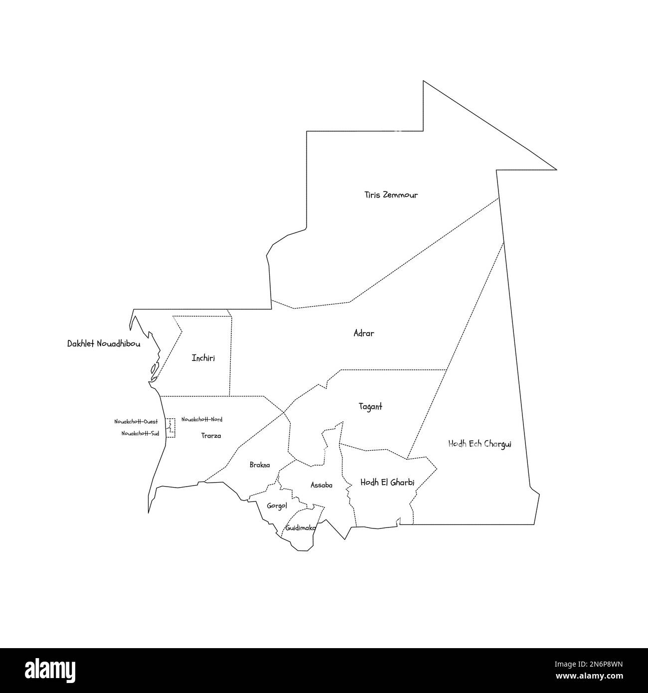 Mauritania political map of administrative divisions - regions and Nouakchott departments. Handdrawn doodle style map with black outline borders and name labels. Stock Vector