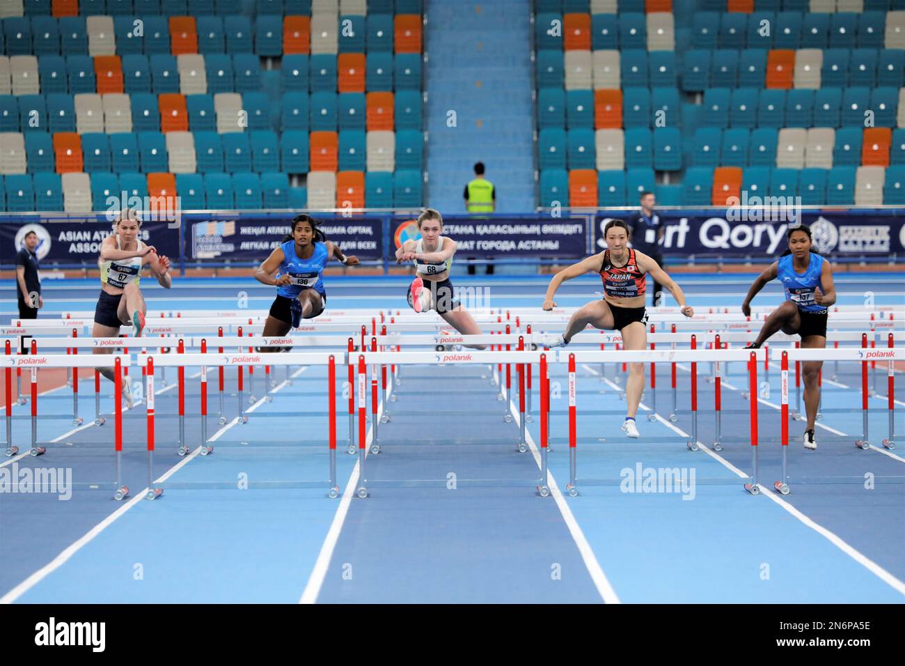 Astana. 10th February, 2023. Yamasaki Yuki of Japan and Swapna Barman of India compete during the women's 60m huddles of Pentathlon event at the 10th Asian Indoor Athletics Championships in Astana. 10th Feb, 2023. (L-R) Nadezhda Bogdanova of Kazakhstan, Sowmiya Murugan of India, Alina Chistyakova of Kazakhstan, Yamasaki Yuki of Japan and Swapna Barman of India compete during the women's 60m huddles of Pentathlon event at the 10th Asian Indoor Athletics Championships in Astana, Kazakhstan on Feb. 10, 2023. Credit: Kalizhan Ospanov/Xinhua/Alamy Live News Stock Photo