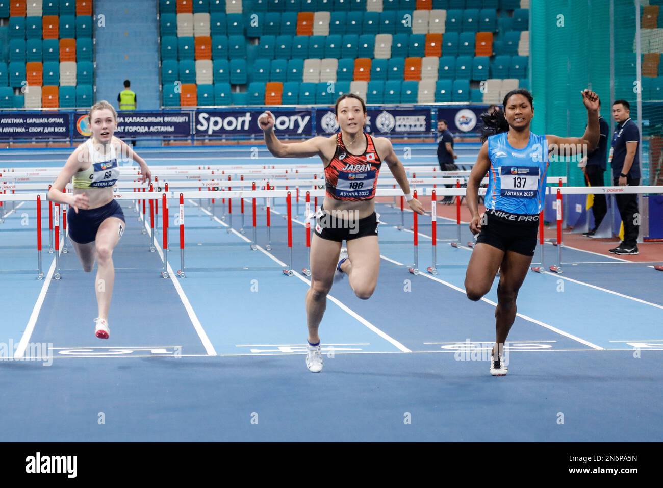 Astana. 10th February, 2023. Yamasaki Yuki of Japan and Swapna Barman of India compete during the women's 60m huddles of Pentathlon event at the 10th Asian Indoor Athletics Championships in Astana. 10th Feb, 2023. (L-R) Alina Chistyakova of Kazakhstan, Yamasaki Yuki of Japan and Swapna Barman of India compete during the women's 60m huddles of Pentathlon event at the 10th Asian Indoor Athletics Championships in Astana, Kazakhstan on Feb. 10, 2023. Credit: Kalizhan Ospanov/Xinhua/Alamy Live News Stock Photo