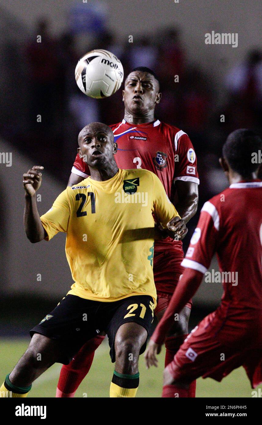Jamaica's Luton Shelton, front, controls the ball under pressure from Panama's Harold Cummings