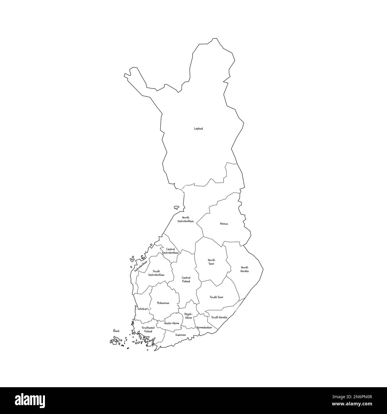 Finland political map of administrative divisions - regions and one autonomous region of Aland. Handdrawn doodle style map with black outline borders and name labels. Stock Vector