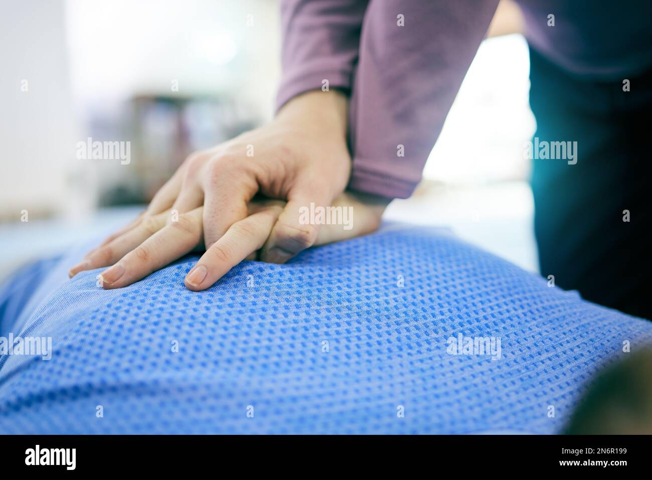 Cpr, healthcare and hands on chest for first aid class, lesson and