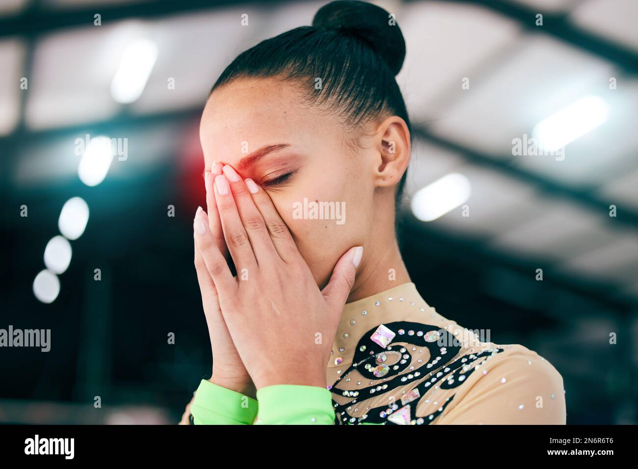 Woman, red or headache glow in fitness, workout or training for