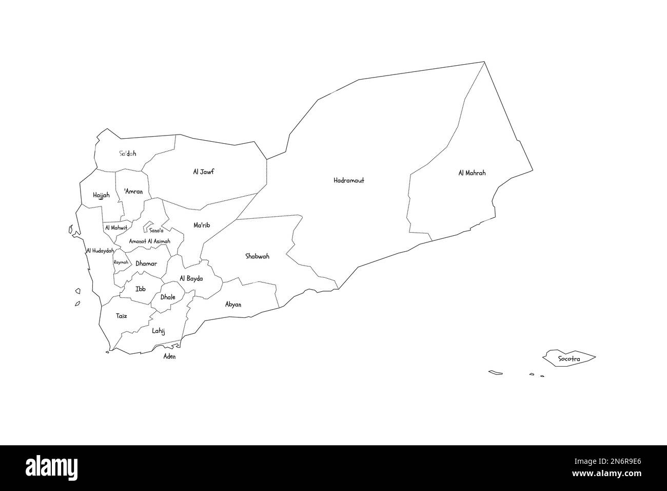Yemen political map of administrative divisions - governorates and municipality of Sanaa. Handdrawn doodle style map with black outline borders and name labels. Stock Vector