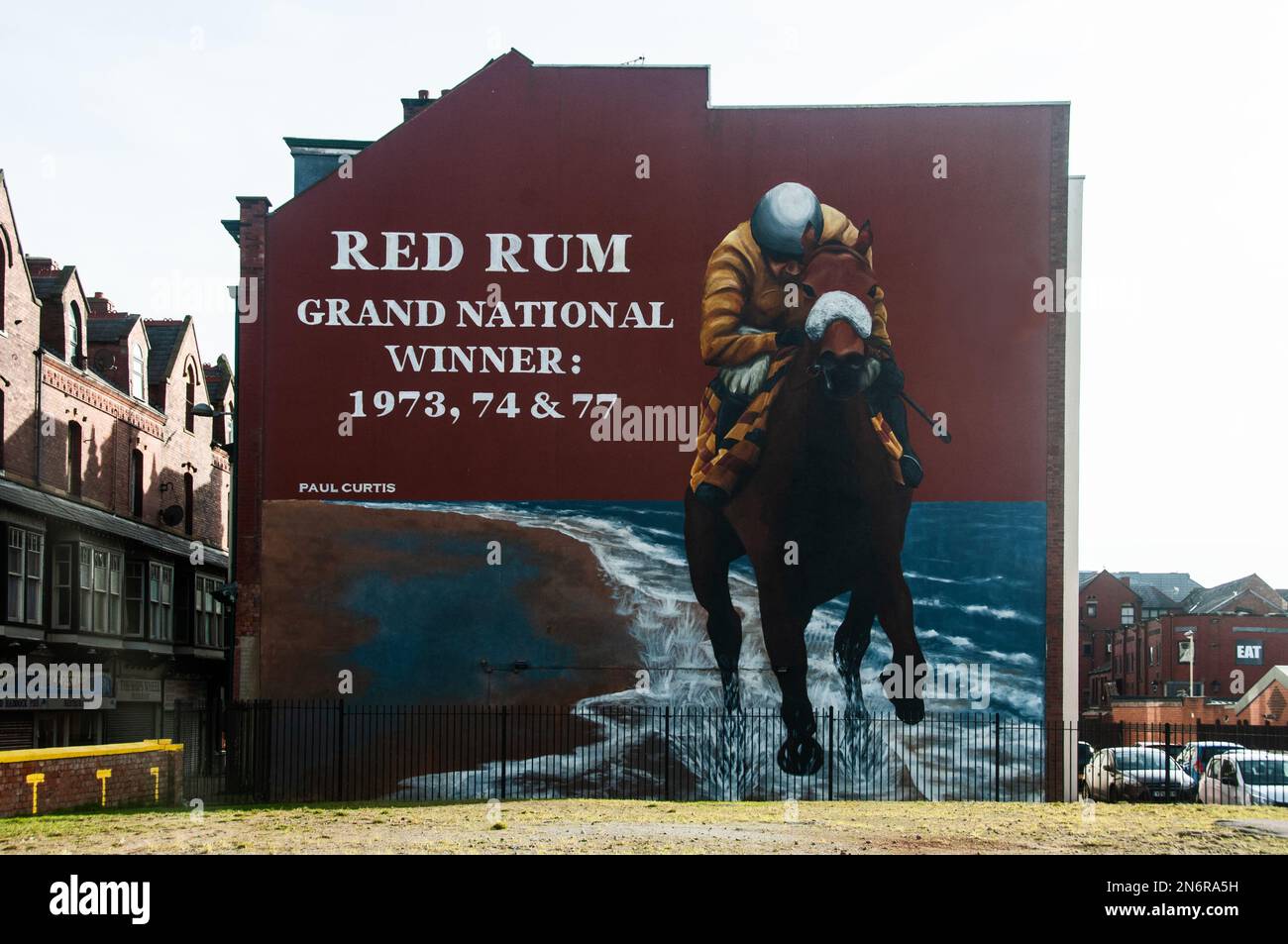 Around the UK - SouthportwWall art showing Red Rum, winner of three Grand National horse races Stock Photo