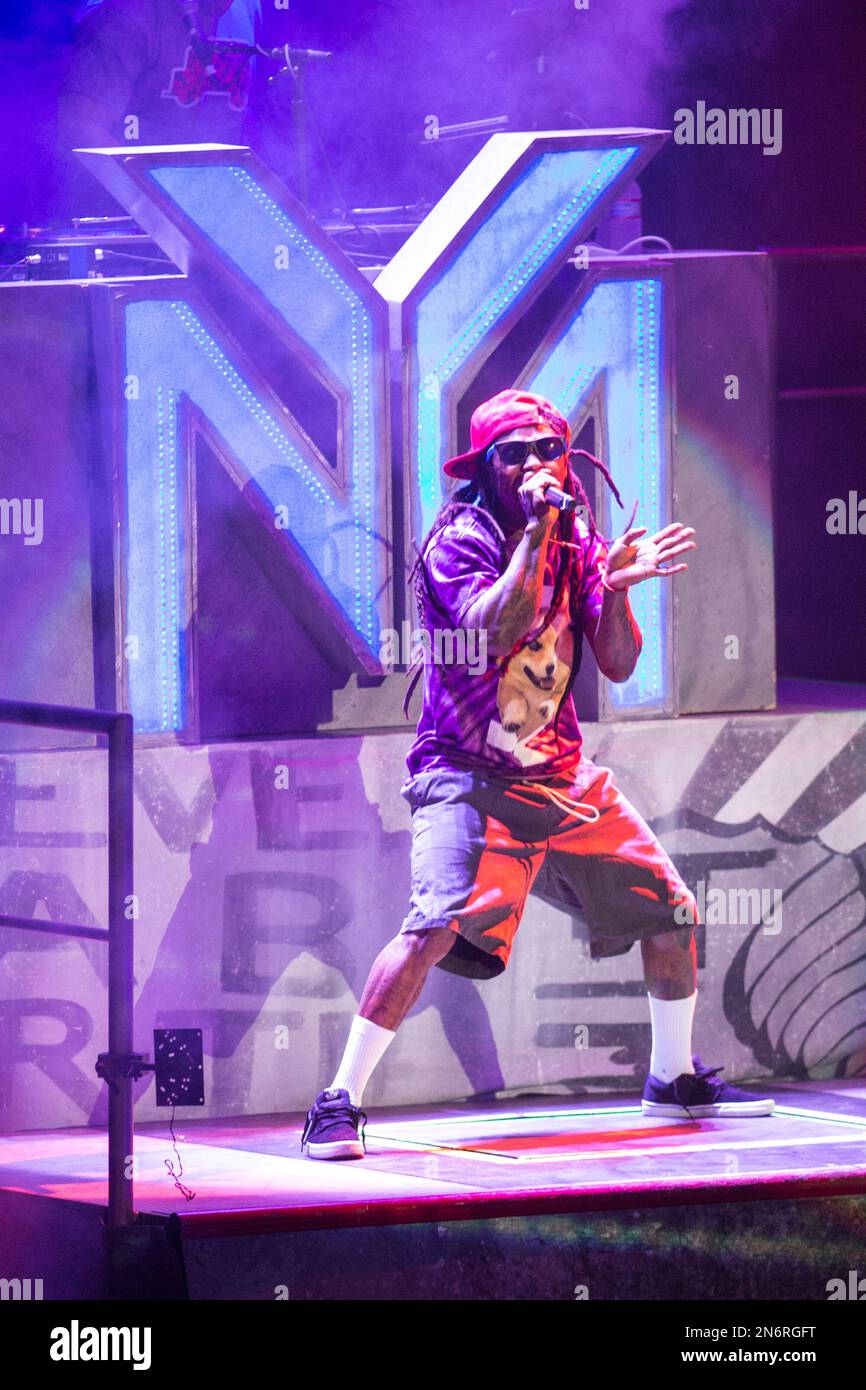 Lil Wayne (AKA Dwayne Michael Carter, Jr.) performs as a part of the America's Most Wanted Tour at the Verizon Wireless Amphitheater on Sunday, Sept. 1, 2013 in Irvine, Calif. (Photo by Paul A. Hebert/Invision/AP) Stock Photo
