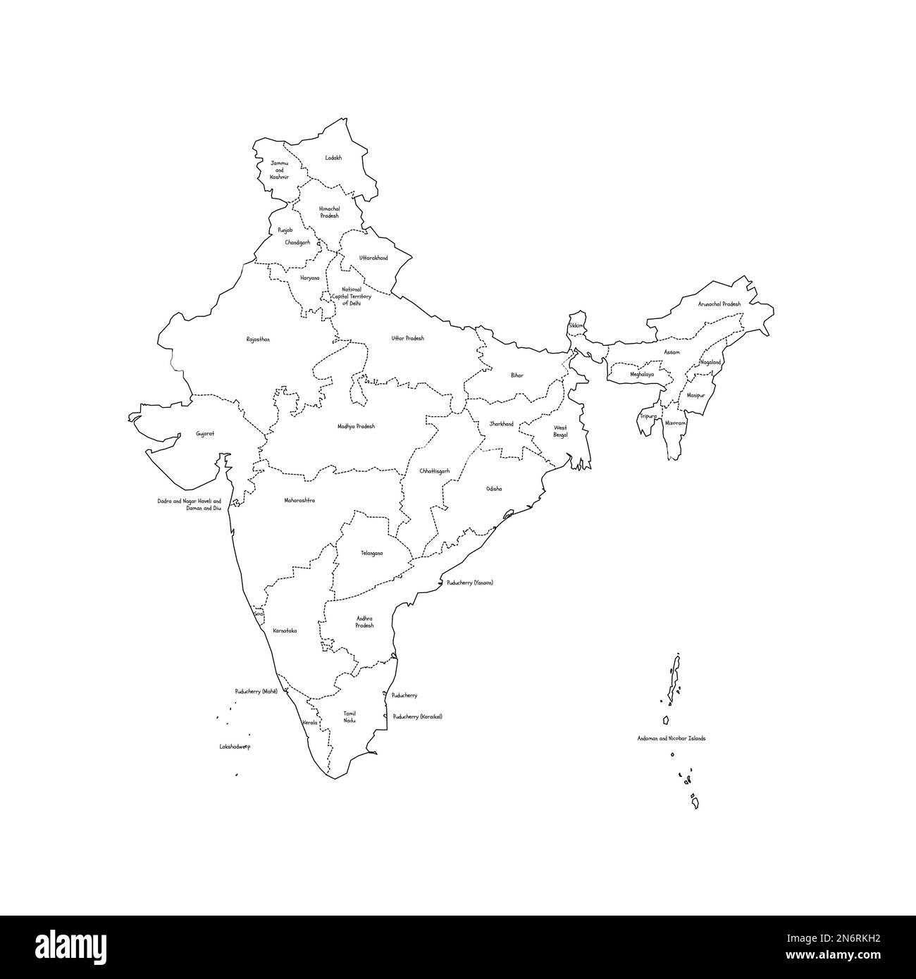 India political map of administrative divisions - states and union teritorries. Handdrawn doodle style map with black outline borders and name labels. Stock Vector