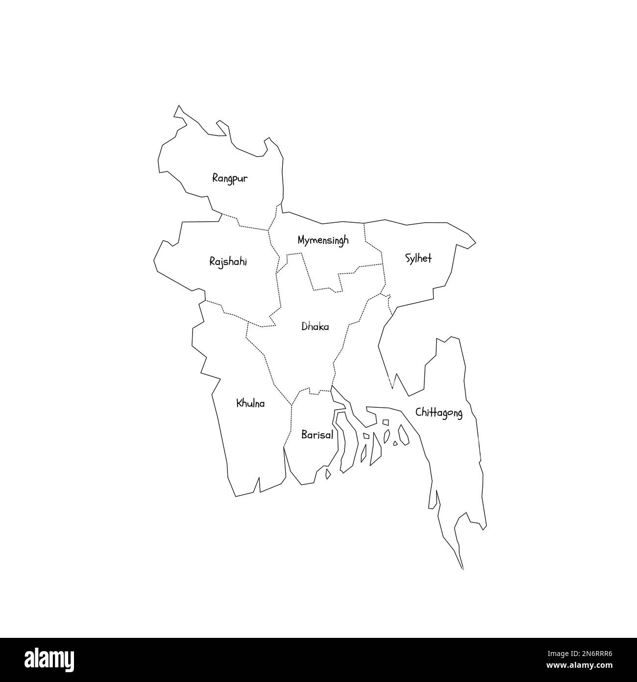 Bangladesh political map of administrative divisions - divisions. Handdrawn doodle style map with black outline borders and name labels. Stock Vector