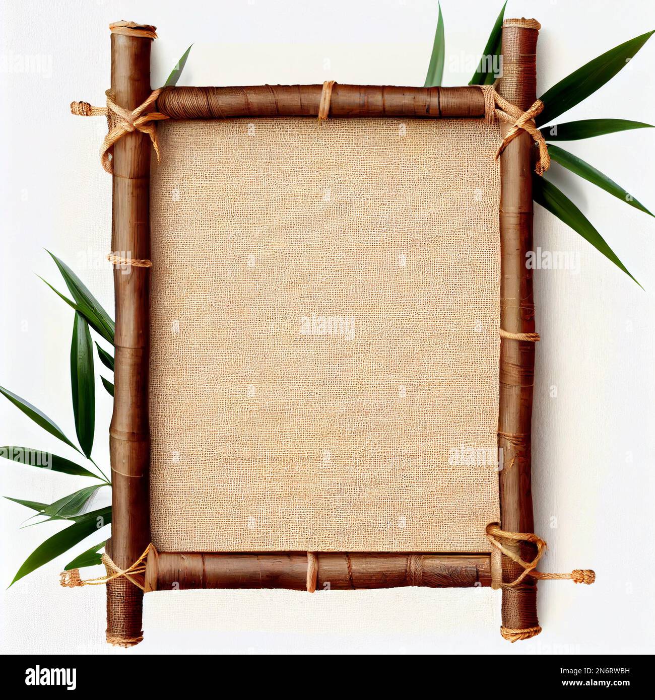 Bamboo frame with burlap canvas and ropes, blank and empty background