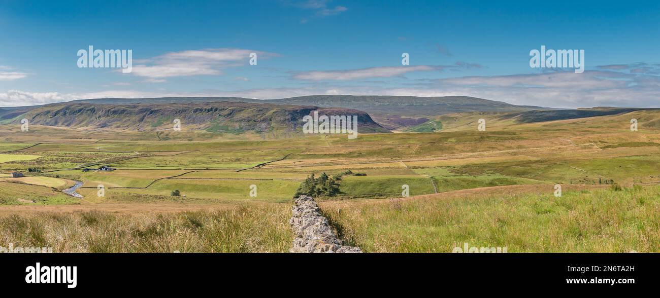 A panoramic view towards Mickle Fell from the Alston road, taking in the whole of Cronkley Scar and part of Widdybank Farm. Stock Photo
