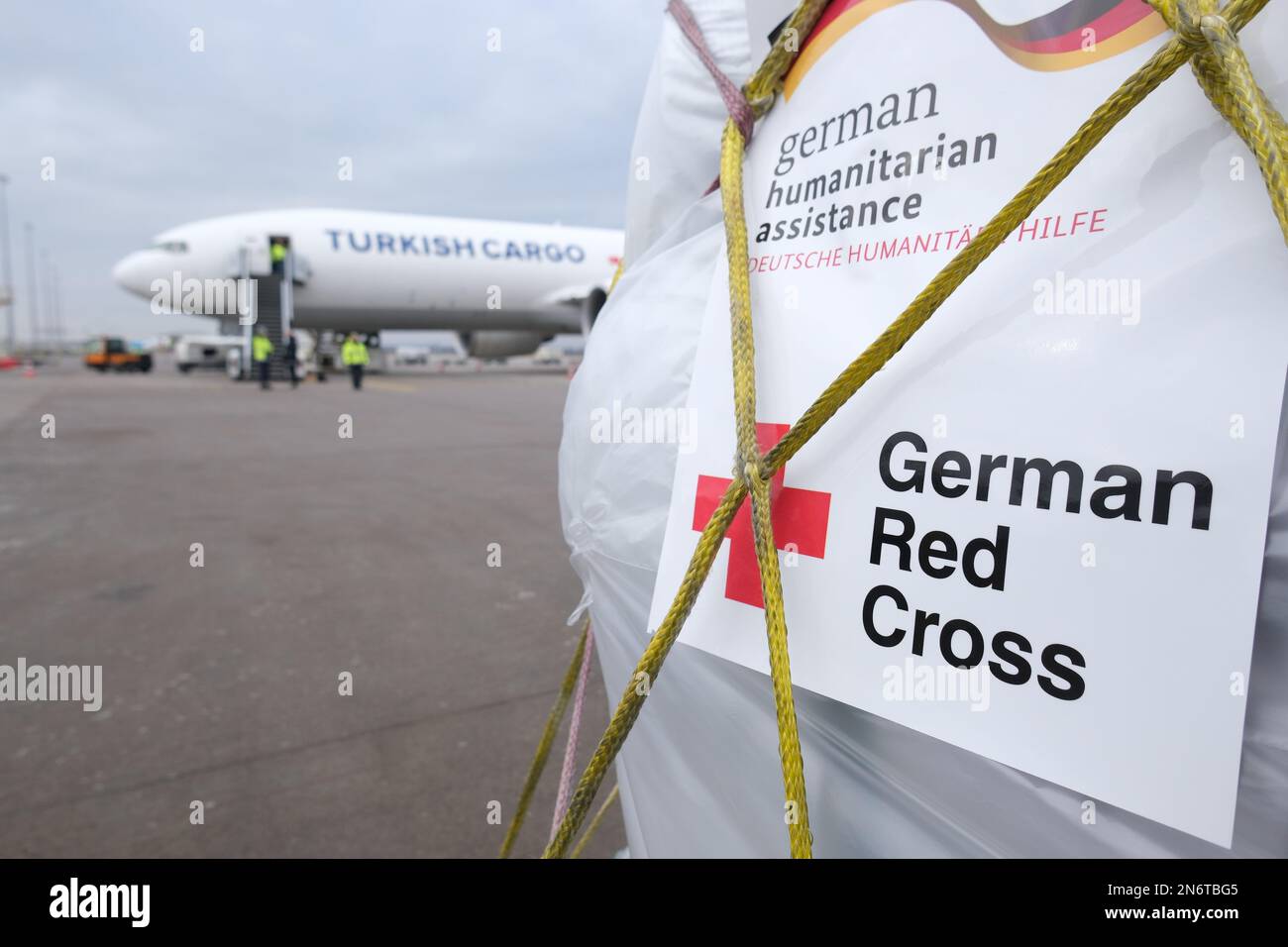 Schkeuditz, Germany. 10th Feb, 2023. Relief supplies stand at Leipzig-Halle Airport. The German Red Cross (DRK) plans to send an aid transport from Leipzig Airport to the earthquake region of Turkey and Syria on February 10, 2023. Credit: Sebastian Willnow/dpa/Alamy Live News Stock Photo