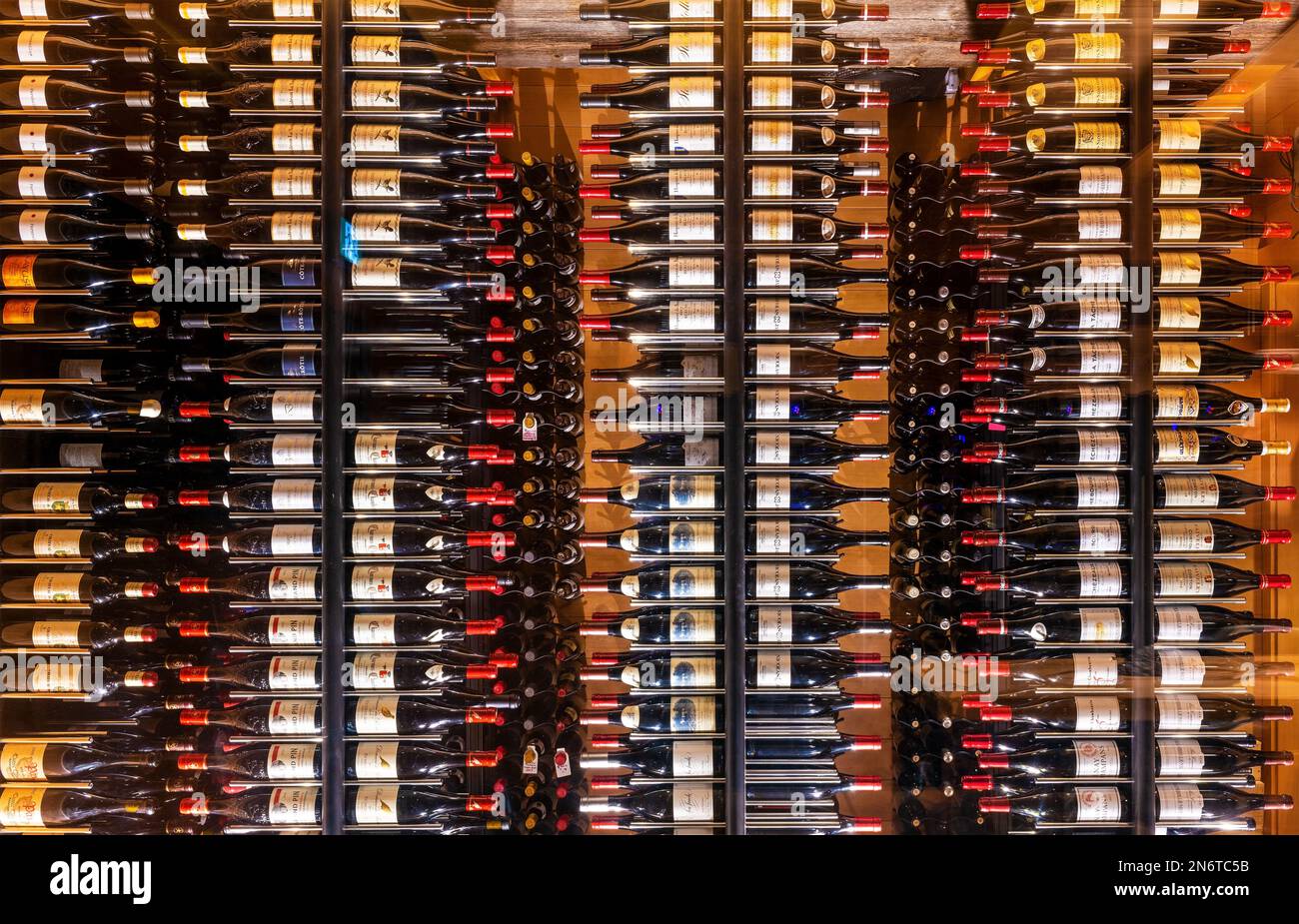 Collection of wine bottles inside the wine cellar of Wickanninish Inn in Tofino, Vancouver island, British Columbia, Canada. Stock Photo