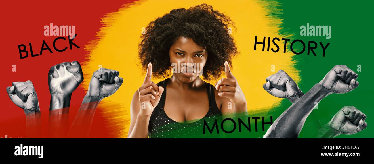 African-american woman over red yellow green background. Human rights. Social movements for freedom and racial equality Stock Photo