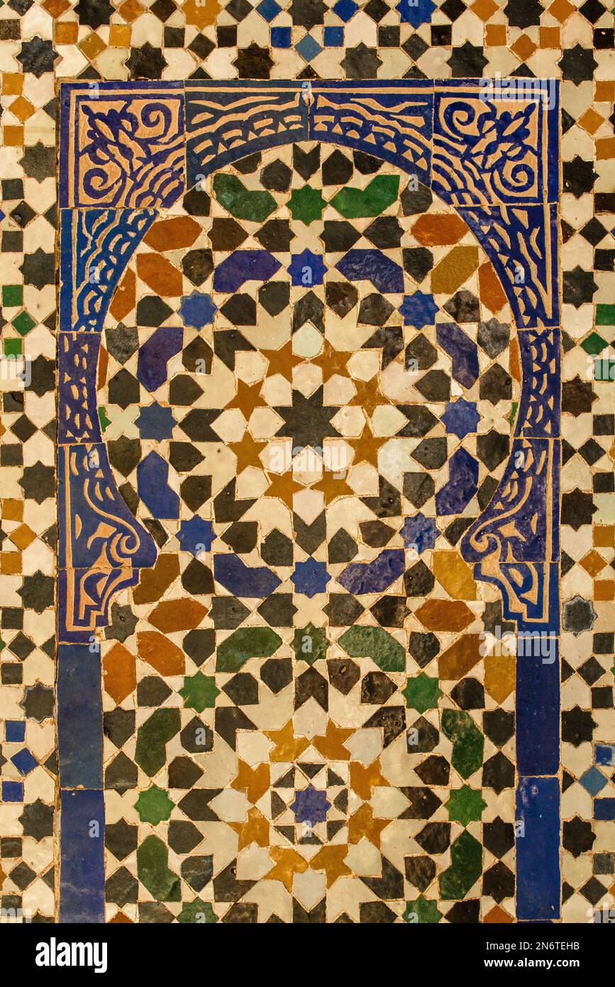 Stunning mosaic tiles from Marrakech, Morocco create a kaleidoscope of colors and patterns, captivating the eye and transporting you to another world. Stock Photo