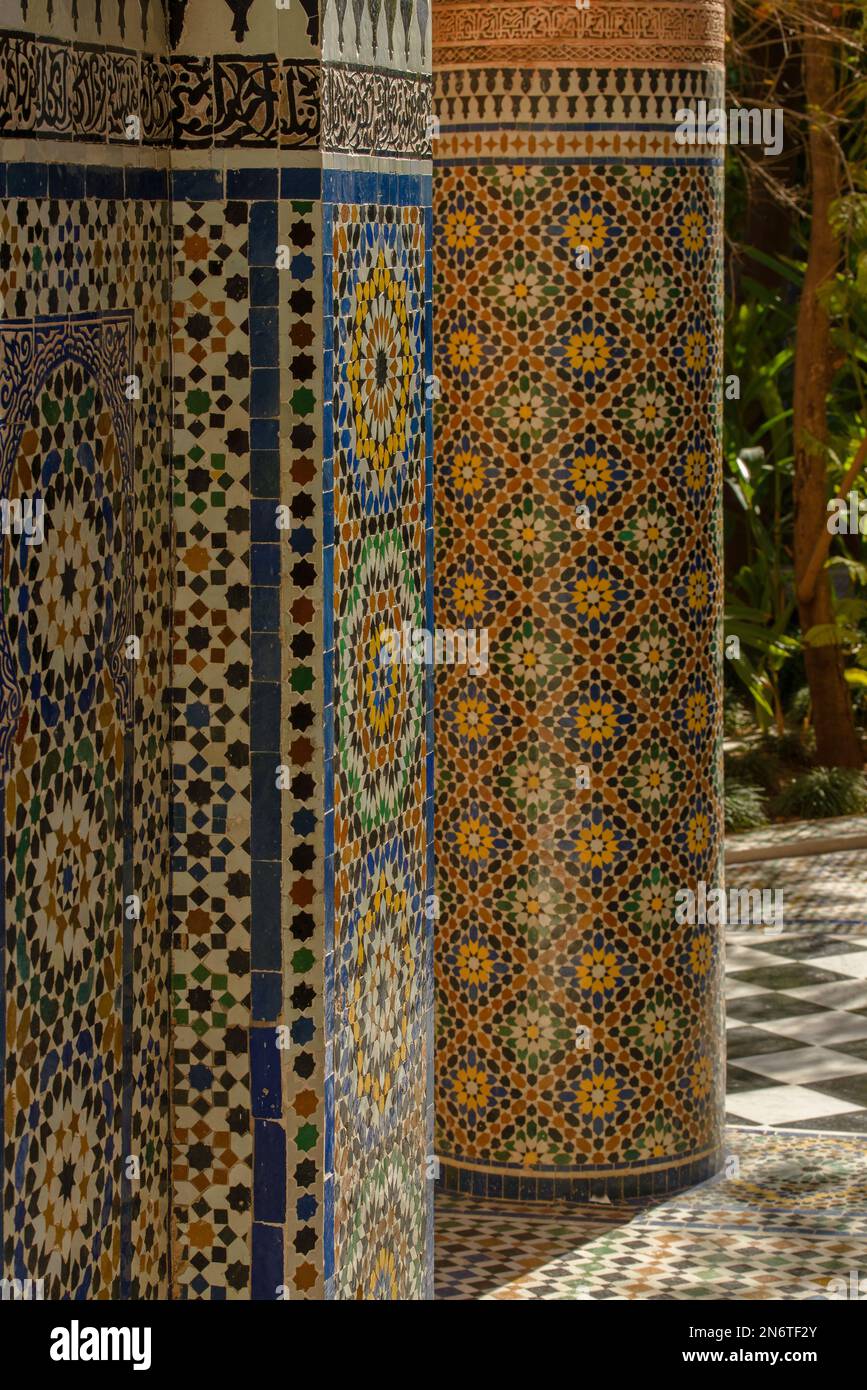 Stunning mosaic tiles from Marrakech, Morocco create a kaleidoscope of colors and patterns, captivating the eye and transporting you to another world. Stock Photo