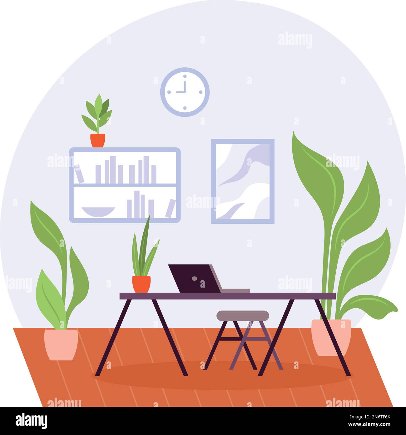 Desk space at home concept, Comfy table, bookcase, shelves vector color