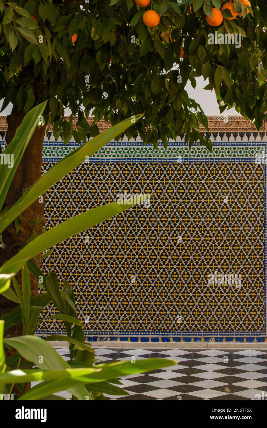 Stunning mosaic tiles from Marrakech, Morocco create a kaleidoscope of colors and patterns, captivating the eye and transporting you to another world. Stock Photo