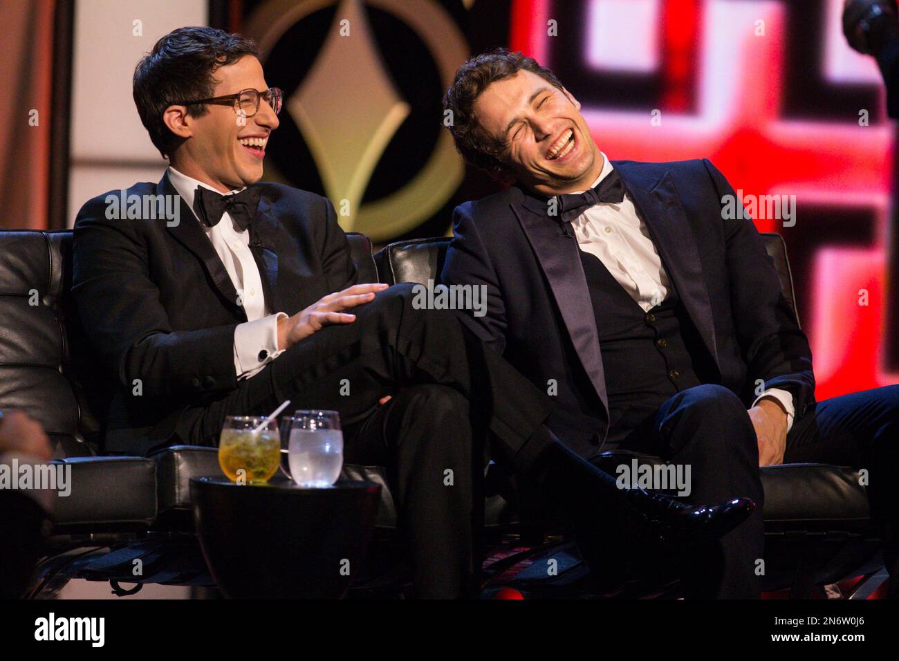 From left, actor Andy Samberg, and roastee James Franco onstage during