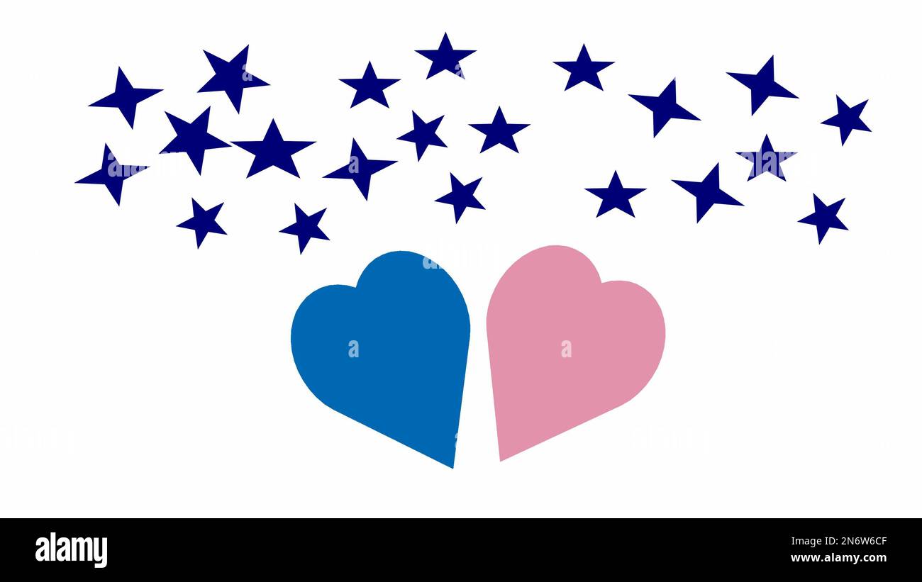 Love Greeting Concept Greeting card and two blue and pink hearts on starry background top view Stock Photo