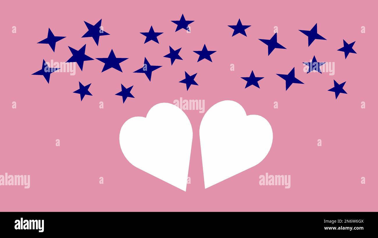 Love Greeting Concept Greeting card and two hearts white color on pink starry background top view Stock Photo