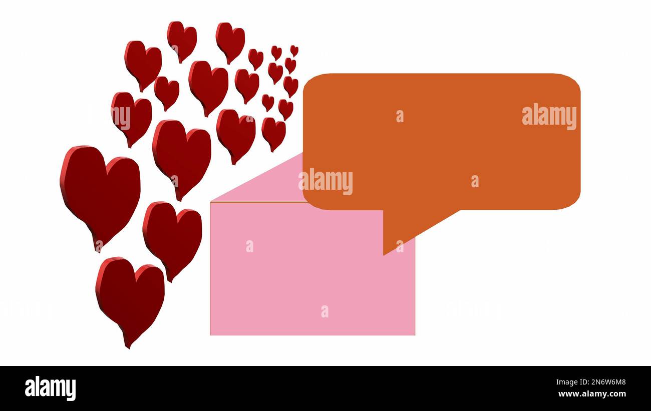 Love Greeting Concept. Social greeting message, pink color with brown vignette and red hearts on white background top view Stock Photo