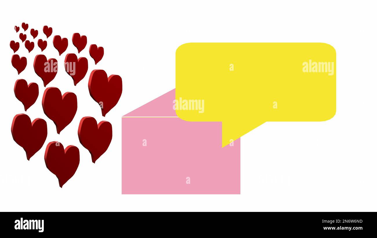 Love Greeting Concept. Social greeting message, pink with yellow vignette and red hearts on white background top view Stock Photo