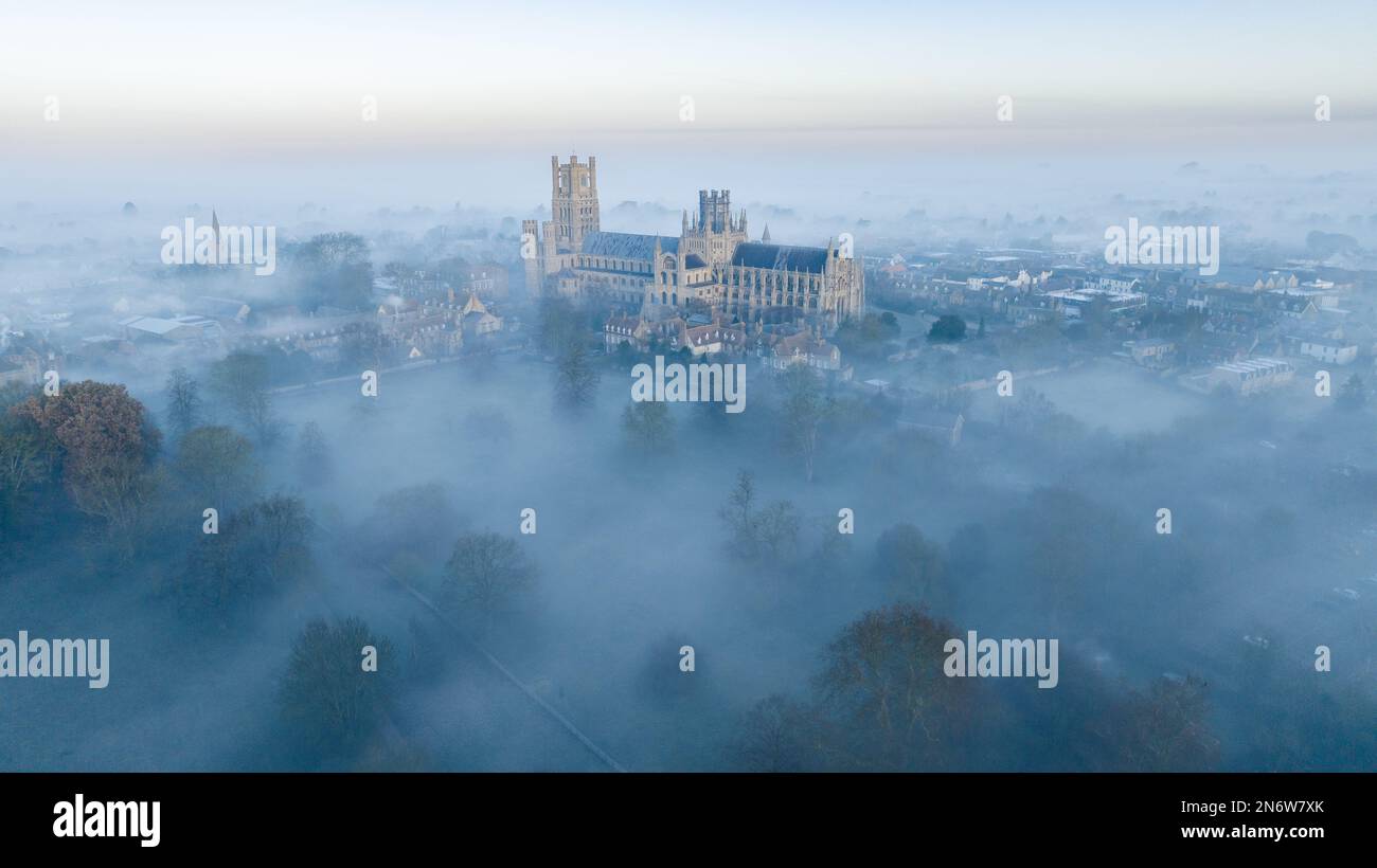 Picture dated February 6th shows Ely Cathedral in Cambridgeshire,known as the Ship of the Fens, shrouded in fog on  Monday  morning.  Majestic Ely Cat Stock Photo