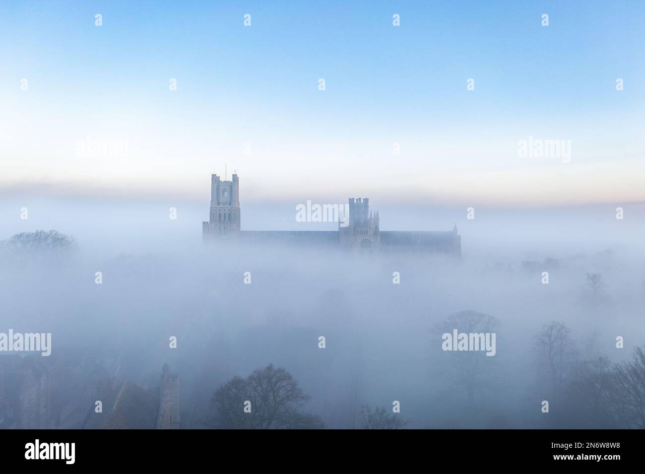 Picture dated February 6th shows Ely Cathedral in Cambridgeshire,known as the Ship of the Fens, shrouded in fog on  Monday  morning.  Majestic Ely Cat Stock Photo
