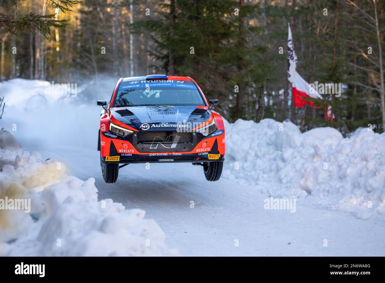 UMEÅ 20230210 Fabrizio Zaldivar, Paraguay and Marcelo Der Ohannesian, Italy, Hyundai i20 N, WRC2, during Friday's races in the Swedish Rally, World Rally Championship round 2.  Photo Micke Fransson / TT code 61460 Stock Photo