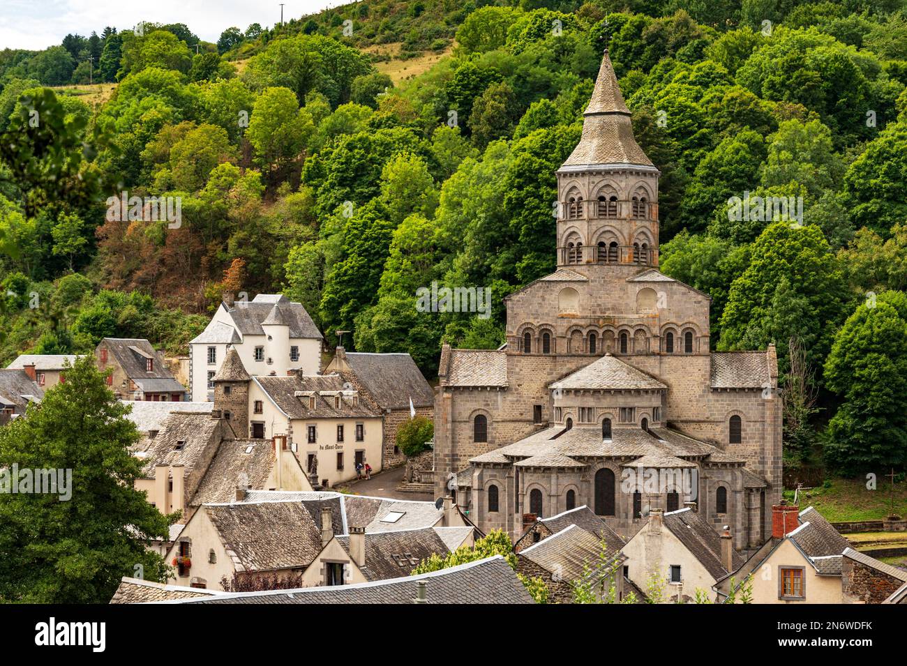 The 12th century Basilica of Notre-Dame is renowned as being one of the five important roman style churches in the Auvergne Stock Photo