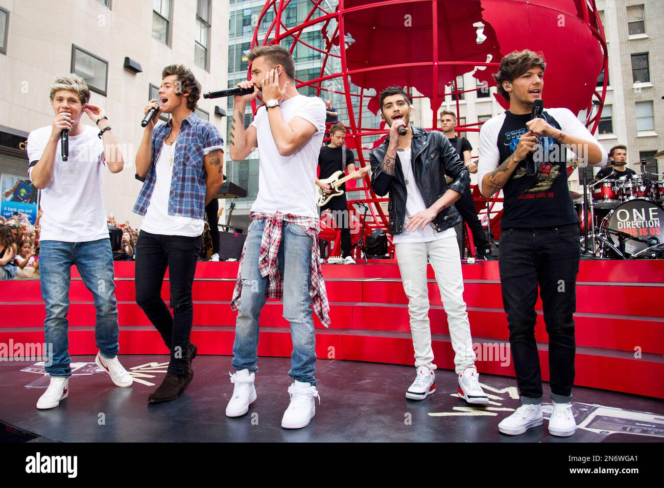 One Direction members, from left, Niall Horan, Harry Styles, Liam Payne