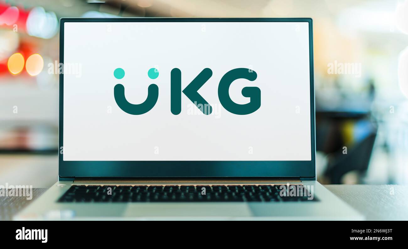 POZNAN, POL DEC 28, 2022 Laptop computer displaying logo of UKG, a