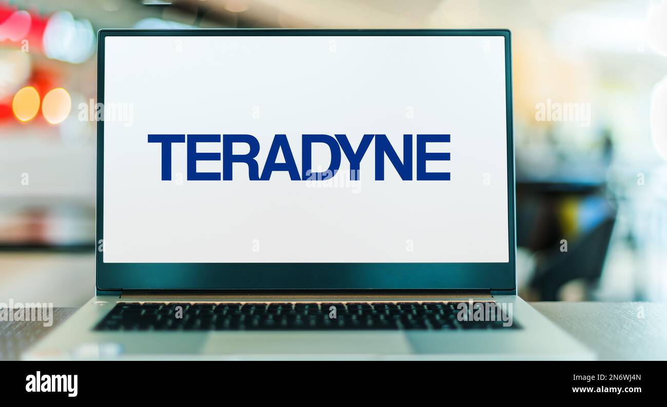 POZNAN, POL - DEC 28, 2022: Laptop computer displaying logo of Teradyne, an automatic test equipment designer and manufacturer based in North Reading, Stock Photo