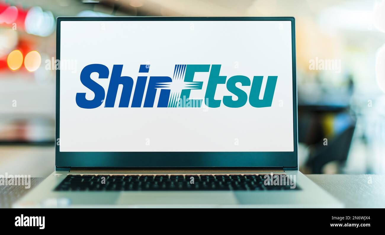 POZNAN, POL - DEC 28, 2022: Laptop computer displaying logo of Shin ...