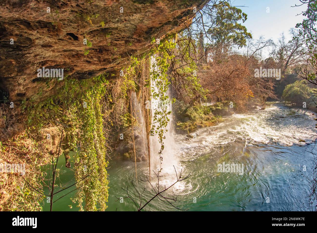 Looking out at Upper Duden Waterfall Antalya Turkey in January Stock Photo
