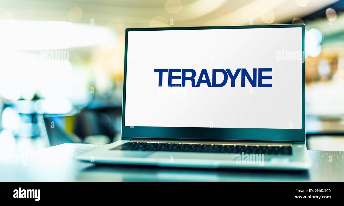 POZNAN, POL - DEC 28, 2022: Laptop computer displaying logo of Teradyne, an automatic test equipment designer and manufacturer based in North Reading, Stock Photo