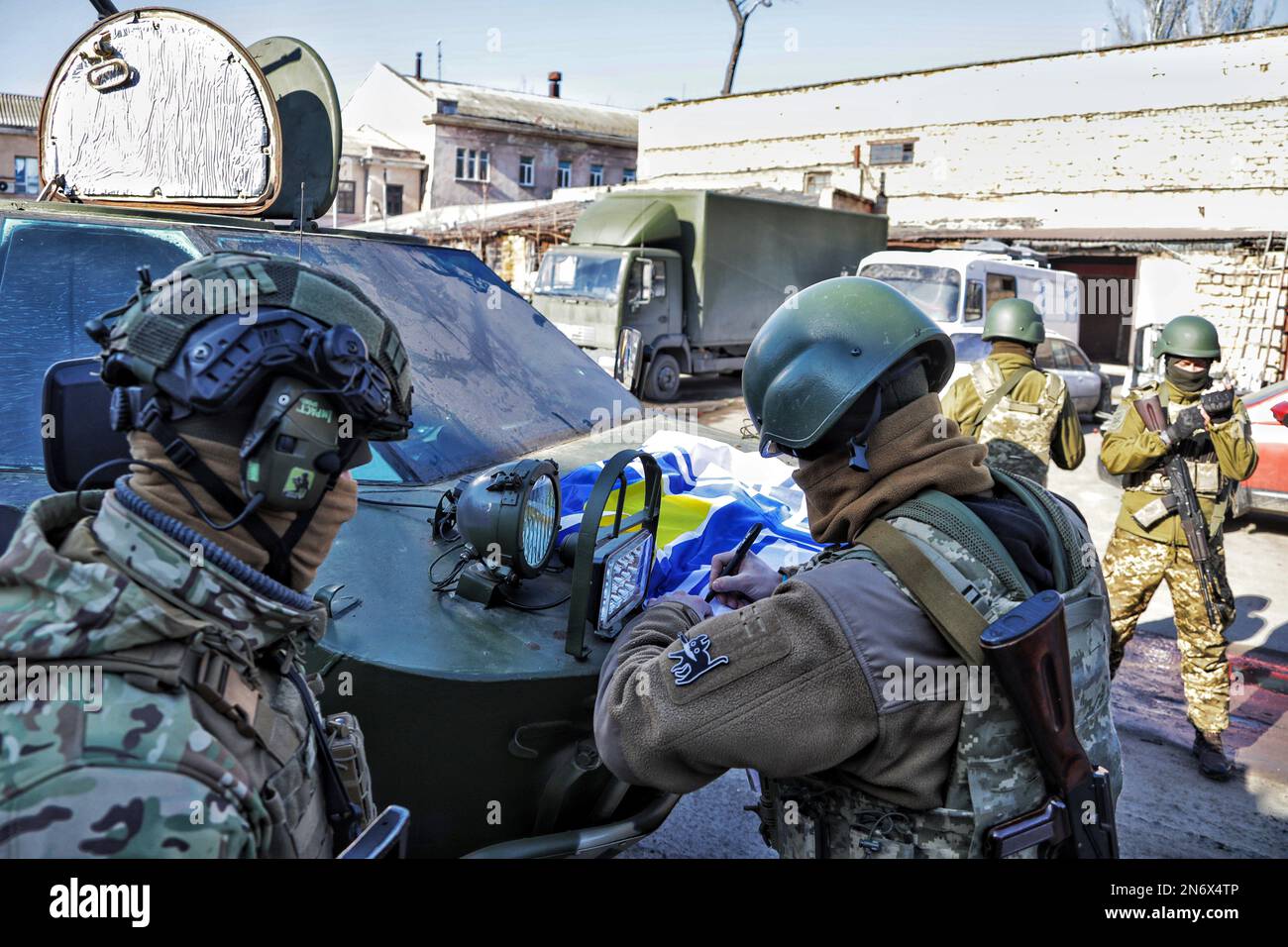 ODESA, UKRAINE - FEBRUARY 10, 2023 - Servicemen of Ukraine's Armed Forces accept a BRDM amphibious armoured scout car repaired by the volunteers of th Stock Photo