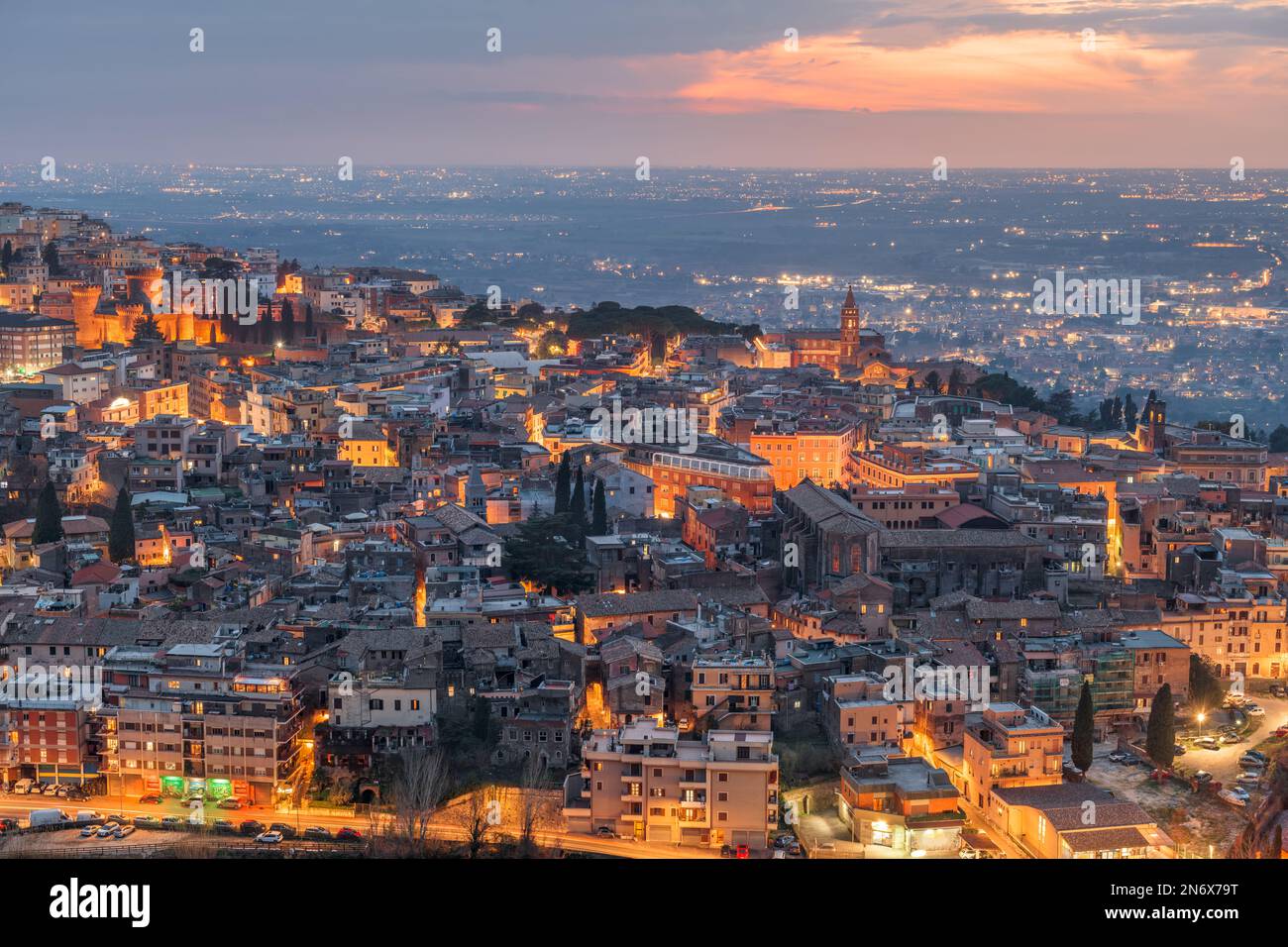 Tivoli, Italy town view from above at dusk. Stock Photo