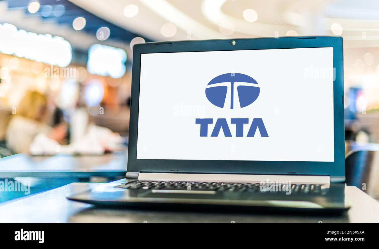 POZNAN, POL - MAY 4, 2022: Laptop computer displaying logo of The Tata Group, an Indian multinational conglomerate headquartered in Mumbai, Maharashtr Stock Photo